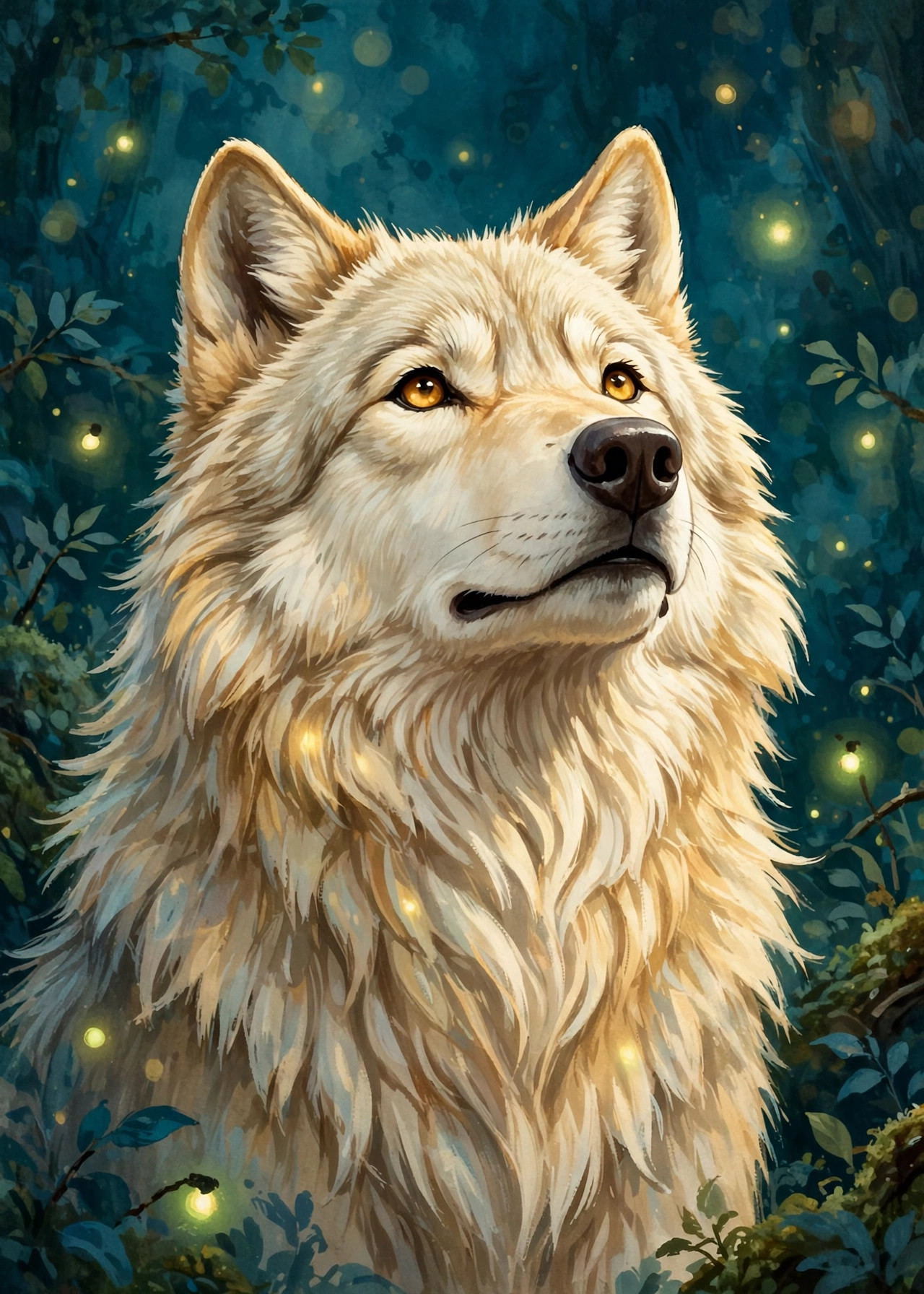 Lupa — her trading card, a cream wolf with amber eyes