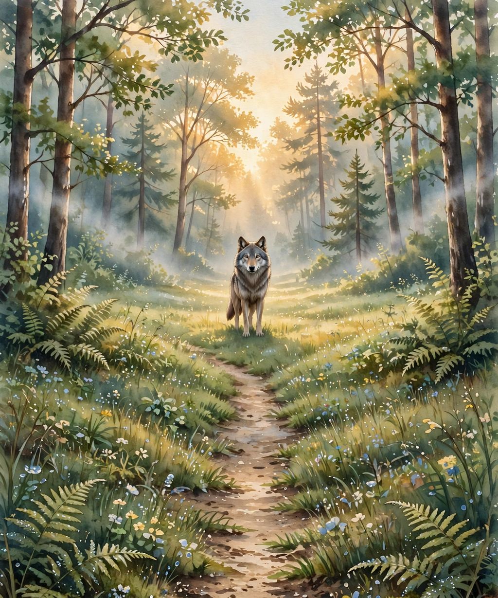 Lupa the wolf waiting in a sunlit forest clearing