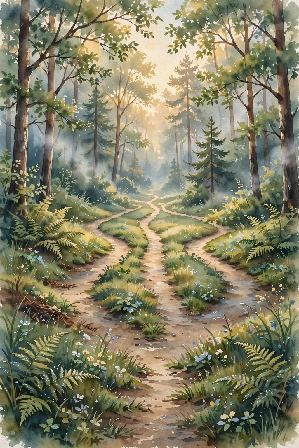 A painted watercolour forest clearing where three paths fork into misty dawn trees